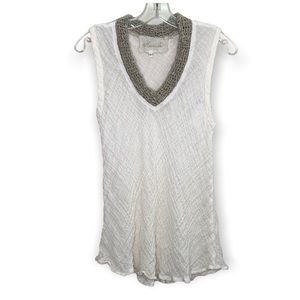 Marilu Made In Italy Linen Blend Sheer White V Neck Top